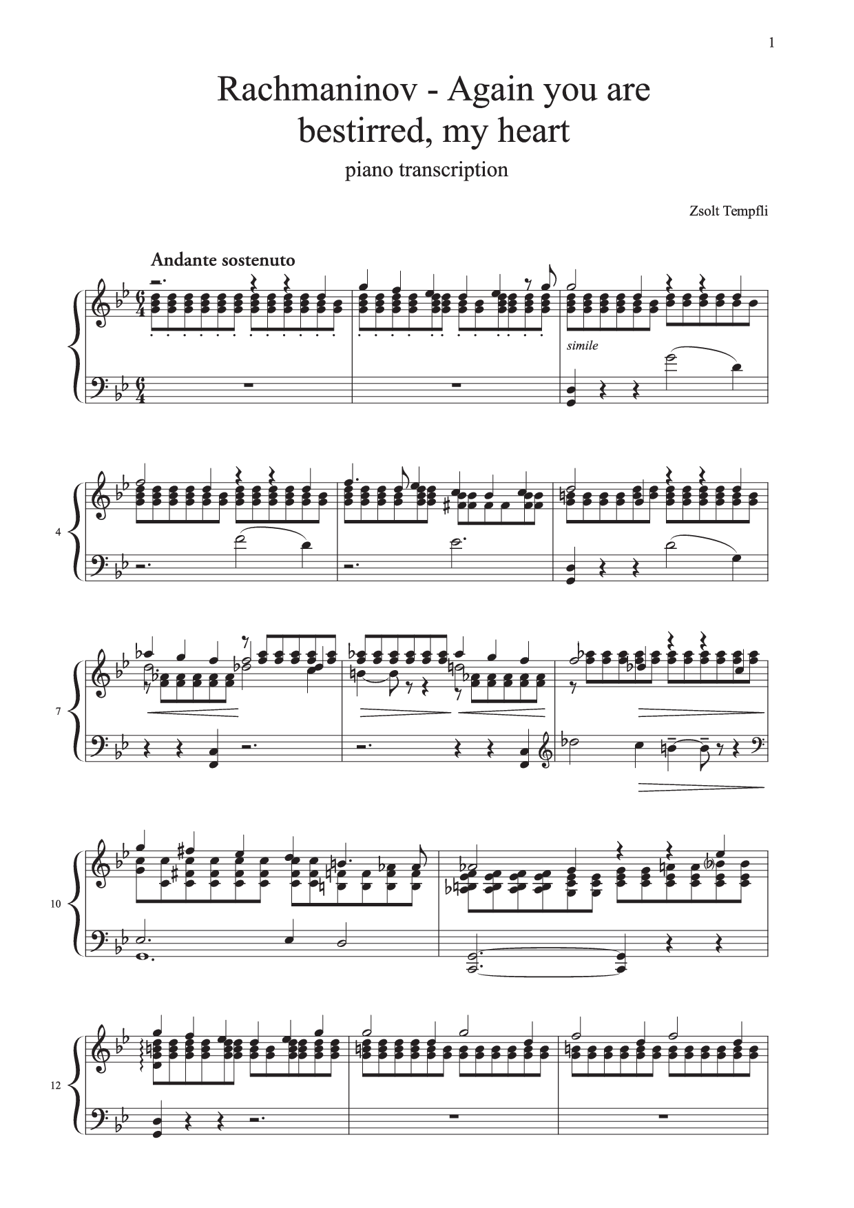 Zsolt Tempfli - Serghei Rahmaninov - Again You Are Bestirred, My Heart transcripție pentru pian