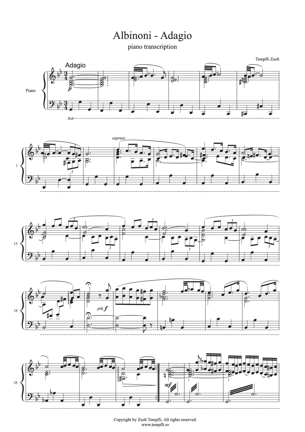 Zsolt Tempfli - Tomaso Albinoni: Adagio transcripție pentru pian op. 17