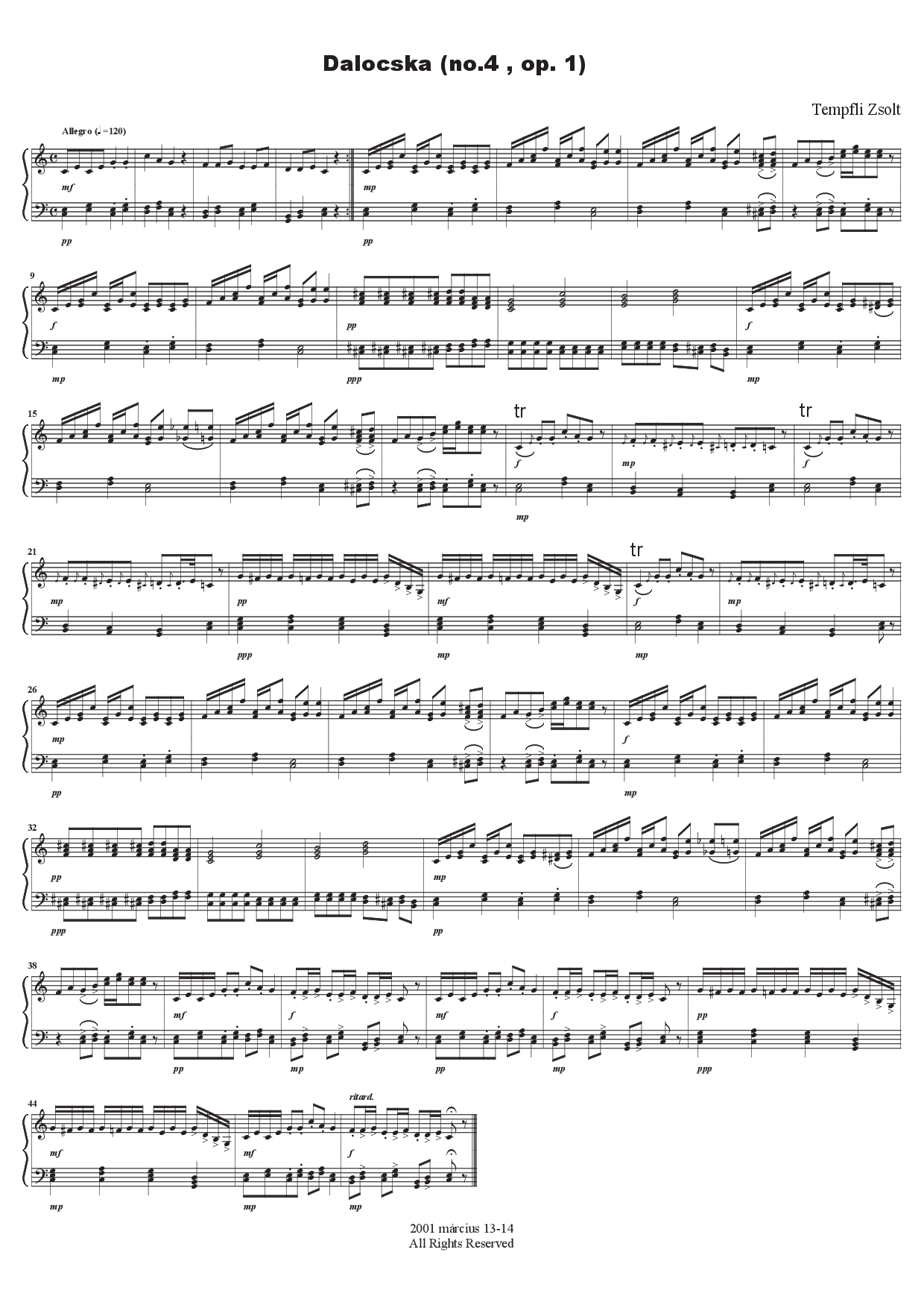 Zsolt Tempfli: Cântec nr. 4 (op. 1 no. 4) pentru pian