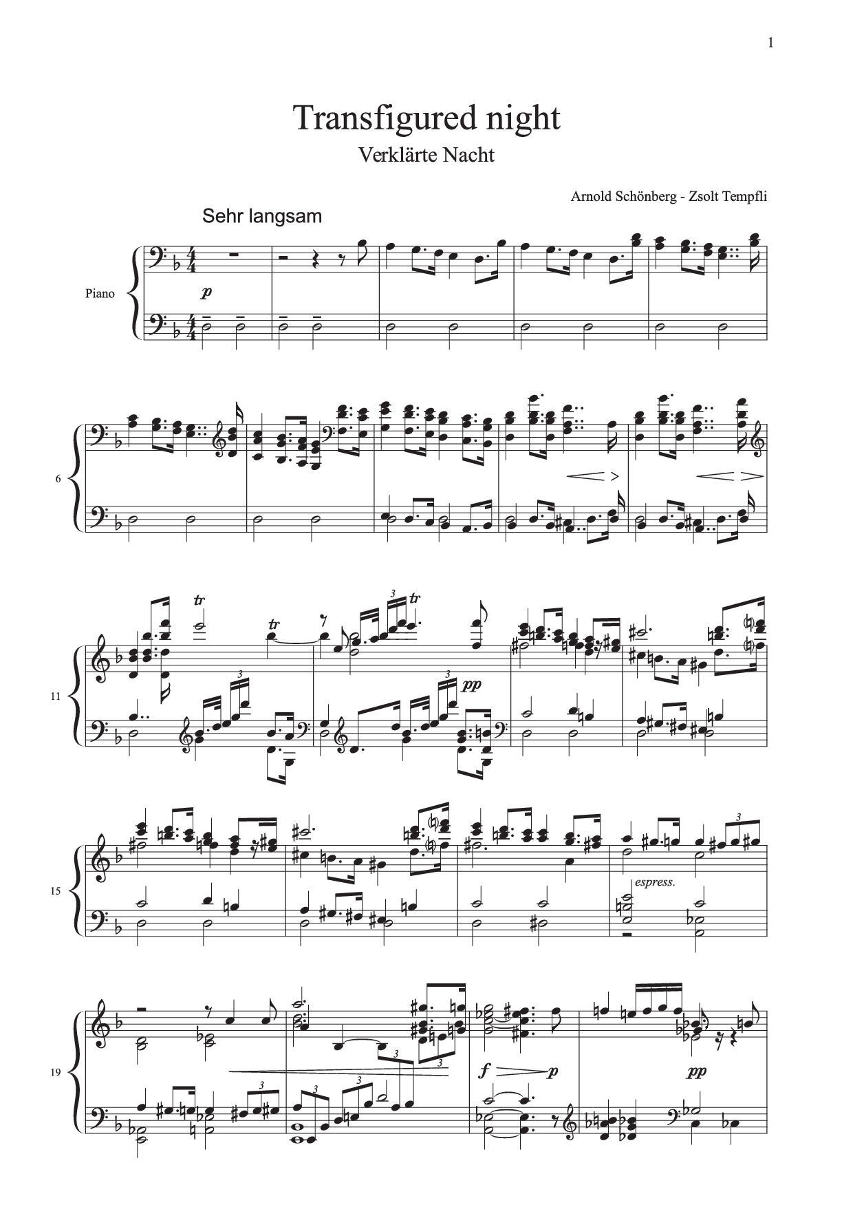 Arnold Schönberg - Zsolt Tempfli - Verklärte Nacht transcripție pentru pian